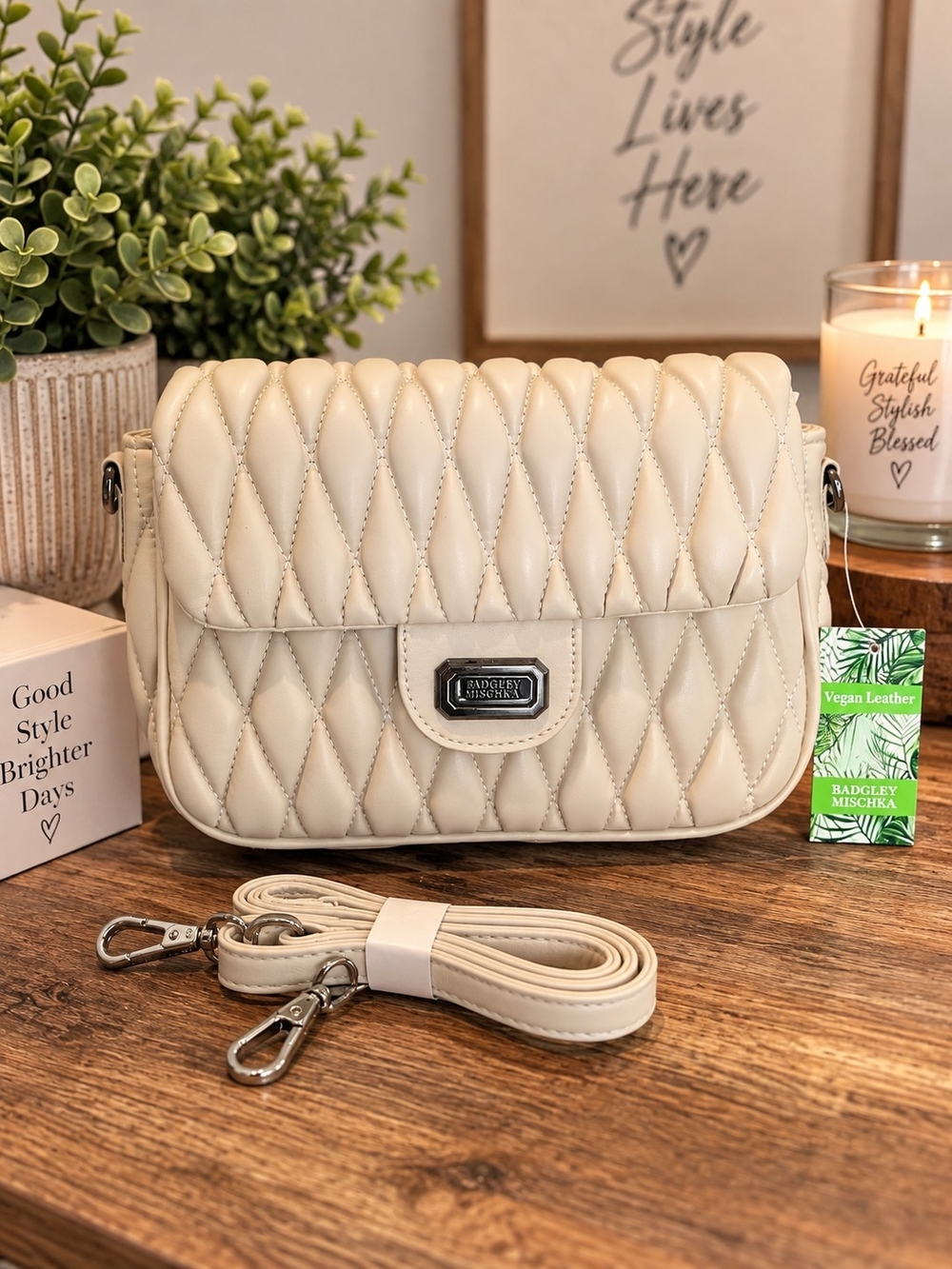 Badgley Mischka Quilted Vegan Leather Crossbody Bag in Cream